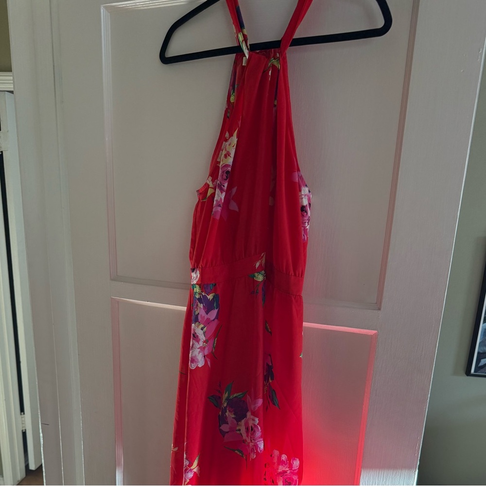 Lark & Ro Red Floral Halter Dress with Multicolor Print